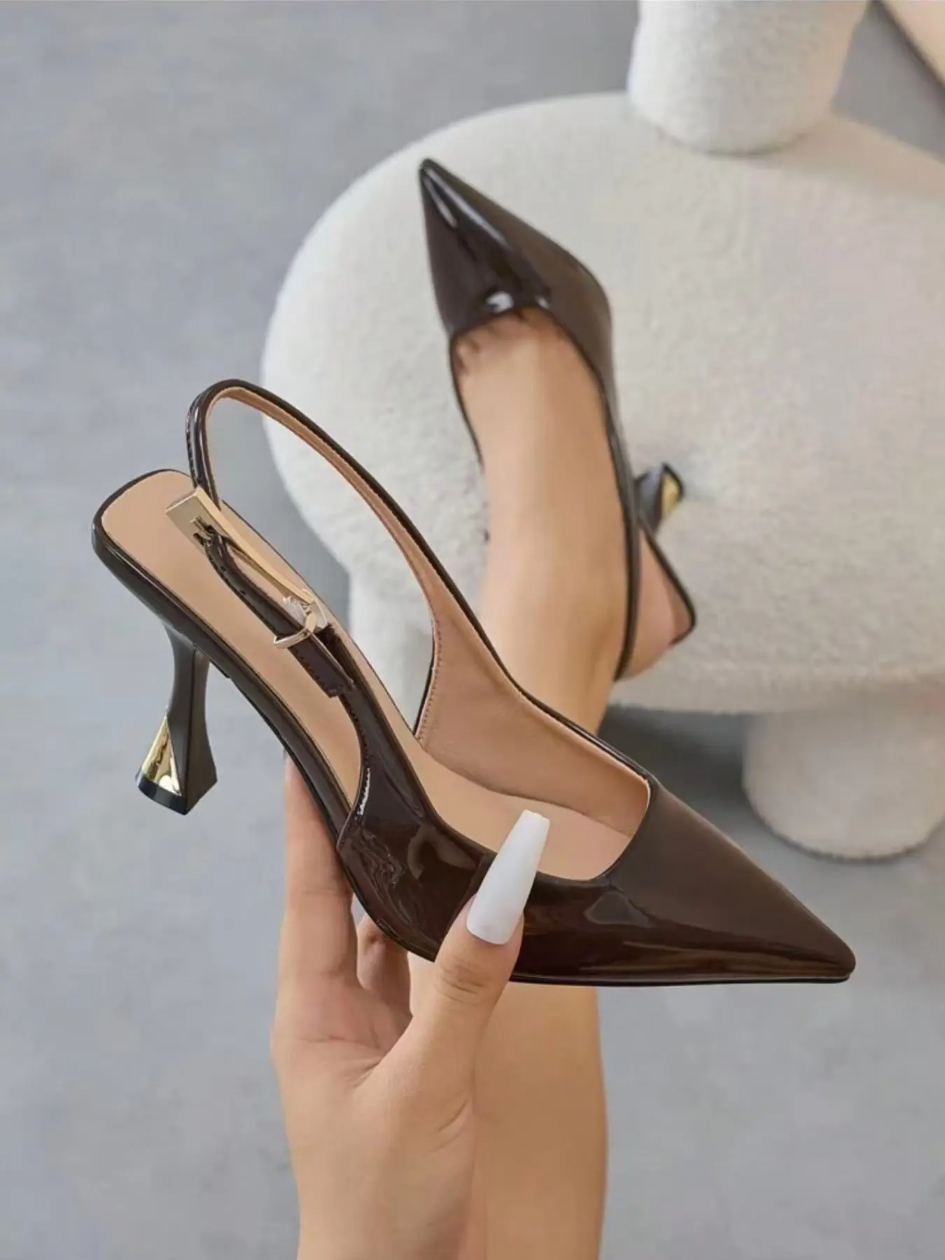 New Pointed Toe Stiletto Heel Sandals, Metal Buckle Decor, Medium Width, PU Upper, Rubber Sole, All Seasons, Sexy Style