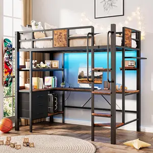Twin Loft Bed with Desk and Stairs, Heavy-Duty Loft Bed Frame with RGB LED Lights, Charging Station, 3 Storage Drawers, 2 Open Shelves, No Box Spring Needed, Black
