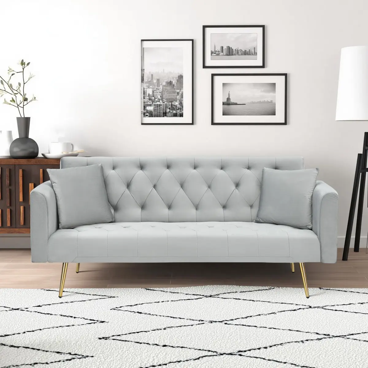 71-Inch American Vintage Grey Velvet Convertible Comfy Couch Love Seat Sofa - Gold Trim, Serpentine Spring Seat, 71x19x30 in, 58.4 lbs, 600 lbs Capacity, Assembly Required, Ideal for Small Living Room, Watch Party Use, Space Saving Furniture, 71.00 X 19.0