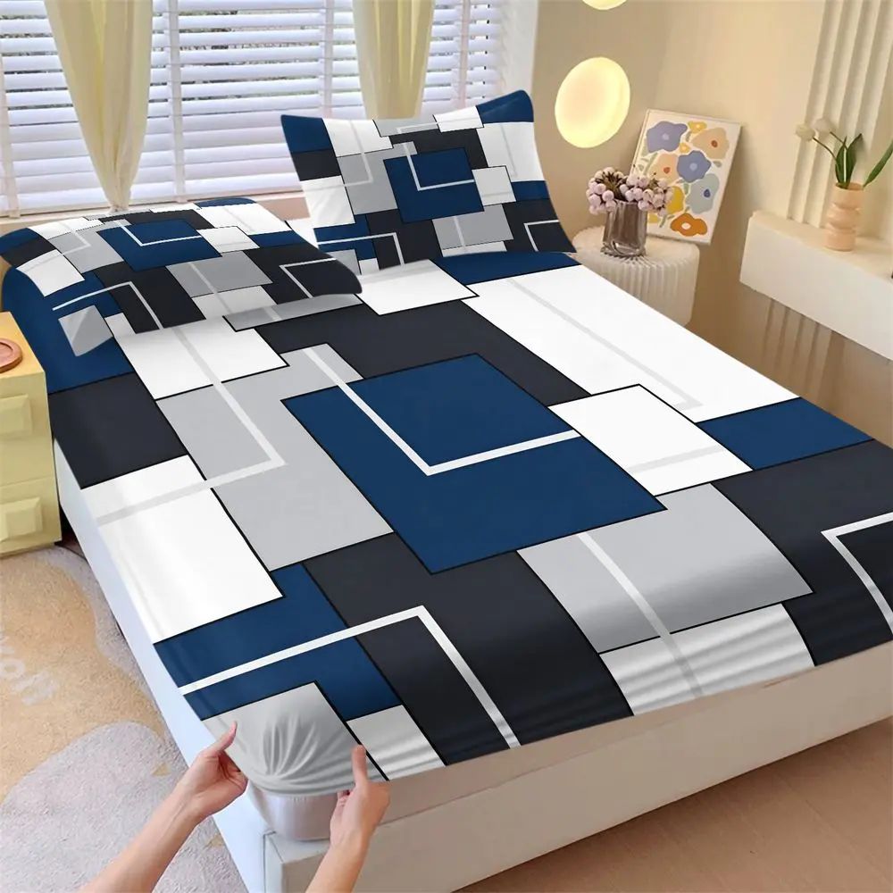 3Pcs Modern Geometric Fitted Sheet Set, Abstract Navy Blue Grey White Bed Sheets Set, Soft Microfiber Bedding Set for Bedroom Decor, Easy Care Breathable Bed Cover for Men Teens Adults No Fillers