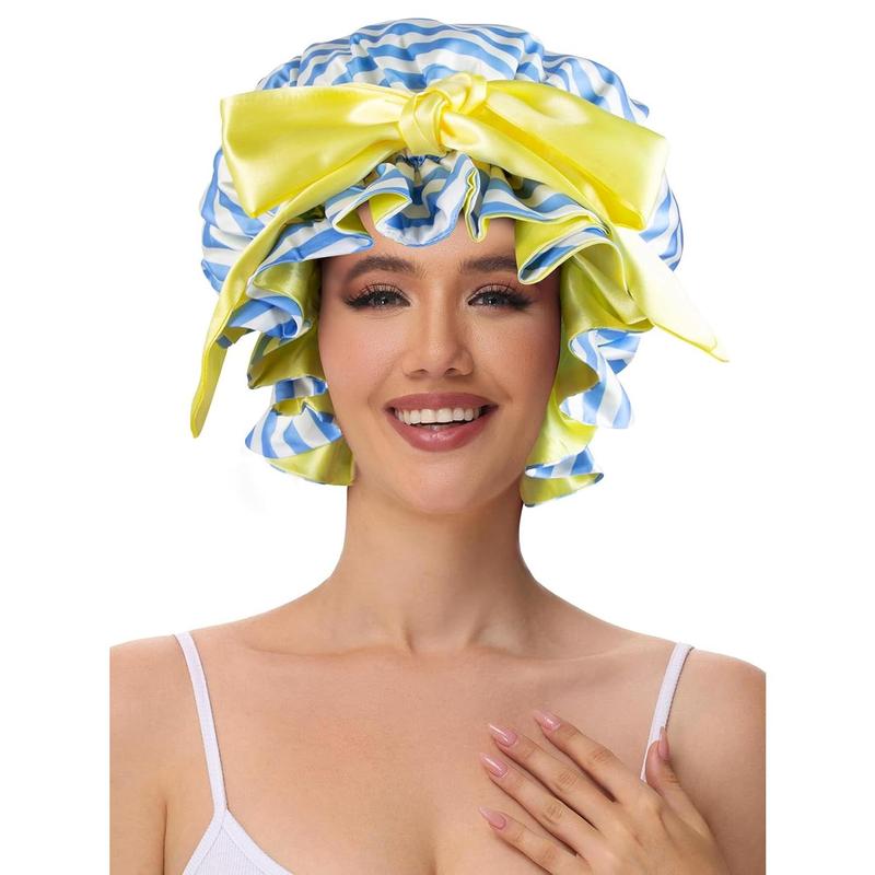 Silk Bonnet, Satin Hair Shower Cap for Sleeping Women 2025 Tie Band Adjustable Straps  Wrap for Curly Hair Blue Stripe F
