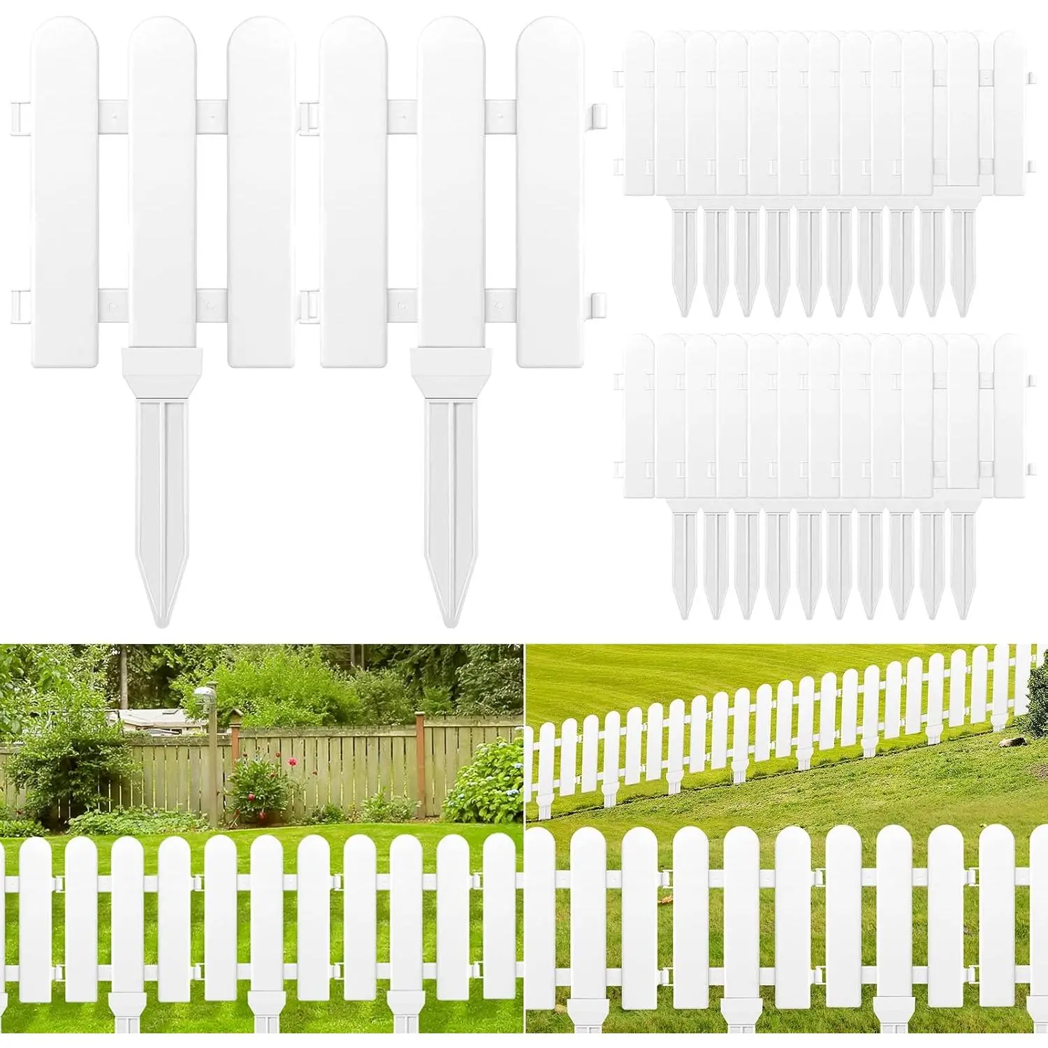 Plastic Garden Picket Fence Edging - 8/12/16/24-Piece Fence Inserts for Lawn Flowerbeds, Plant Borders, Home Improvement Garden Decor