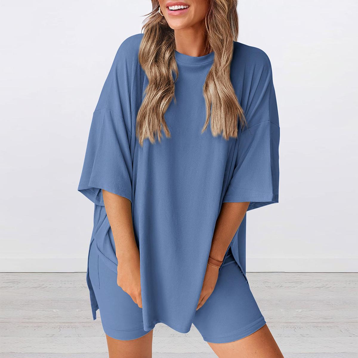 Women's Summer Two-Piece Set Casual Oversized Crewneck Split Hem Shirts & Side Pocket Biker Shorts Minimalist Lounge Wear Soft Viscose Fabric Comfy Homewear Cozy Pjs