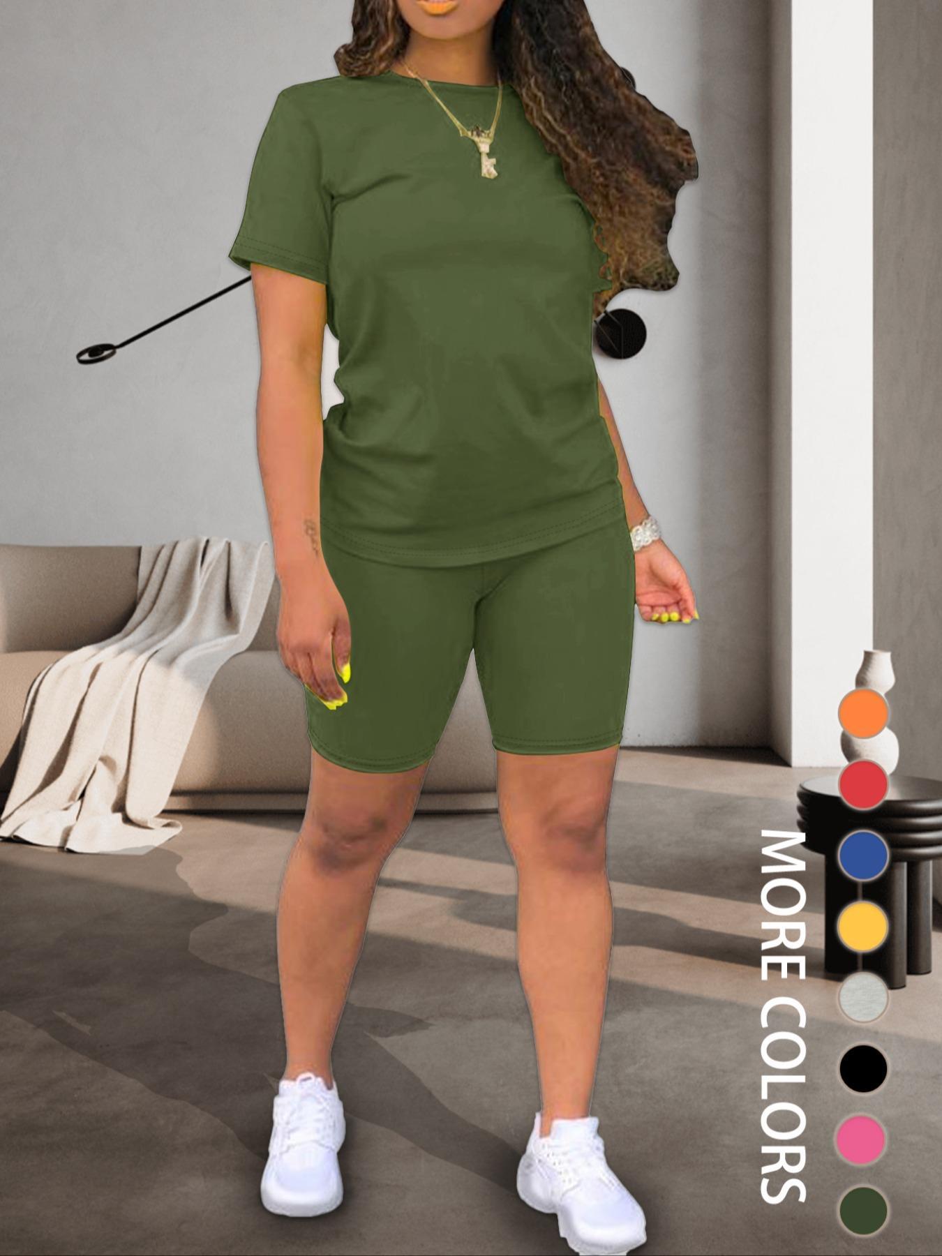 Two-piece Set Women's Fitted Plain Round Neck Tee & Skinny Shorts Set, Summer Clothes Women, Short Sleeve Crew Neck T-shirt & Shorts, Casual Summer Clothes for Outdoor, Cute Summer Outfit