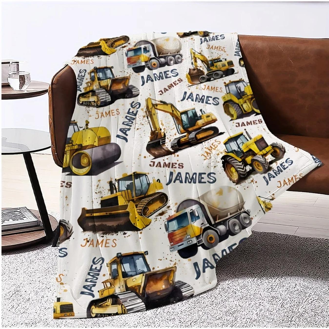 Cute Excavator Construction Truck Blanket Soft Polyester Throw Blanket Skyscraper Pattern Cozy Machine Washable Blanket for Bedroom Living Room Kids Gift