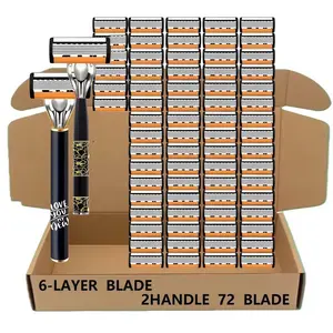 Men's Six-Layer Safety Shaving Razors Set, 72 Replacement Blades, Two Handles, Gentle on Sensitive Skin, Smooth & Easy Shave for Thick Rugged Beards