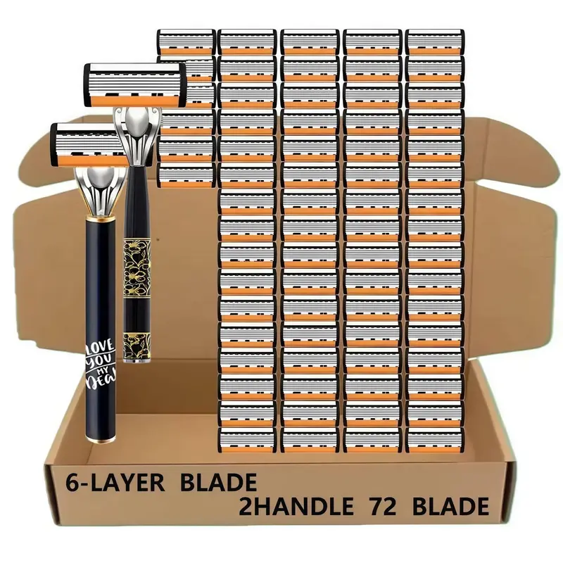 Manual Shaving Razors Set with 2 Handles and 72 Replacement Blades, Precision Stainless Steel Blades, for All Skin Types, Facial, Father's Day Gift