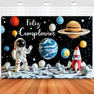 Unisex 2D Flat Space Astronaut Theme Polyester Photography Backdrop, HD Digitally Printed Soft Lightweight Foldable Cloth, for Birthday Parties, Product Photos, Video Studio Use