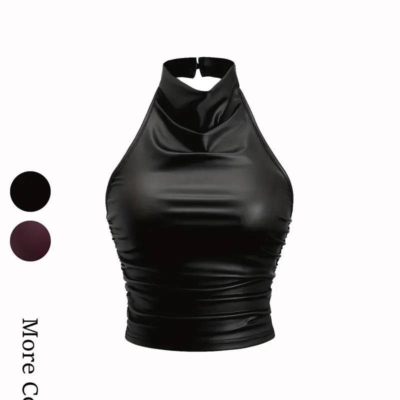 Ladies' Sleeveless Halter Neck Crop Top with Backless Design, Smooth Comfortable Fabric for Casual or Formal All-Season Wear Style, Halter Silhouette
