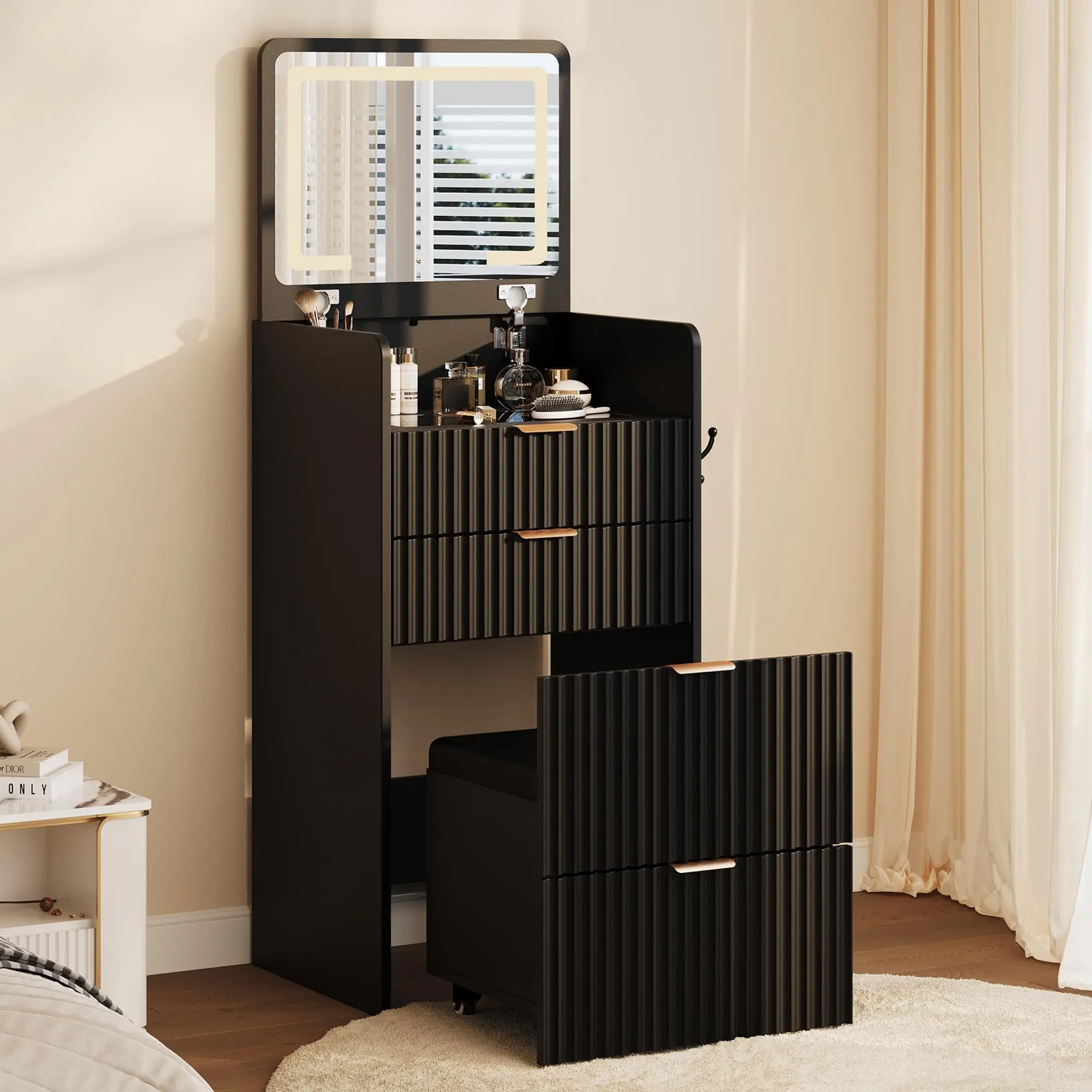 3 in 1 Vanity Desk with 3 Drawers and Rolling Stool, Compact Vanity with Flip Top Mirror and Lights, Modern Small Makeup Vanity Table with Charging