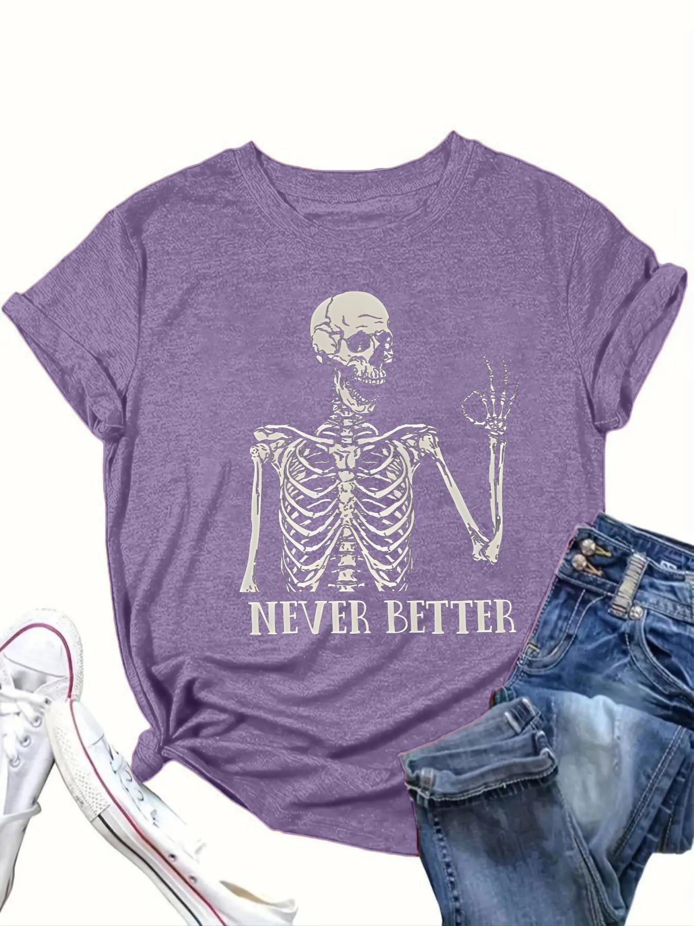 【Plus Size】 Letter & Skull Print Round Neck Tee, Casual Short Sleeve Crew Neck T-Shirt for Daily Wear, Women's Clothing for All Seasons, Halloween