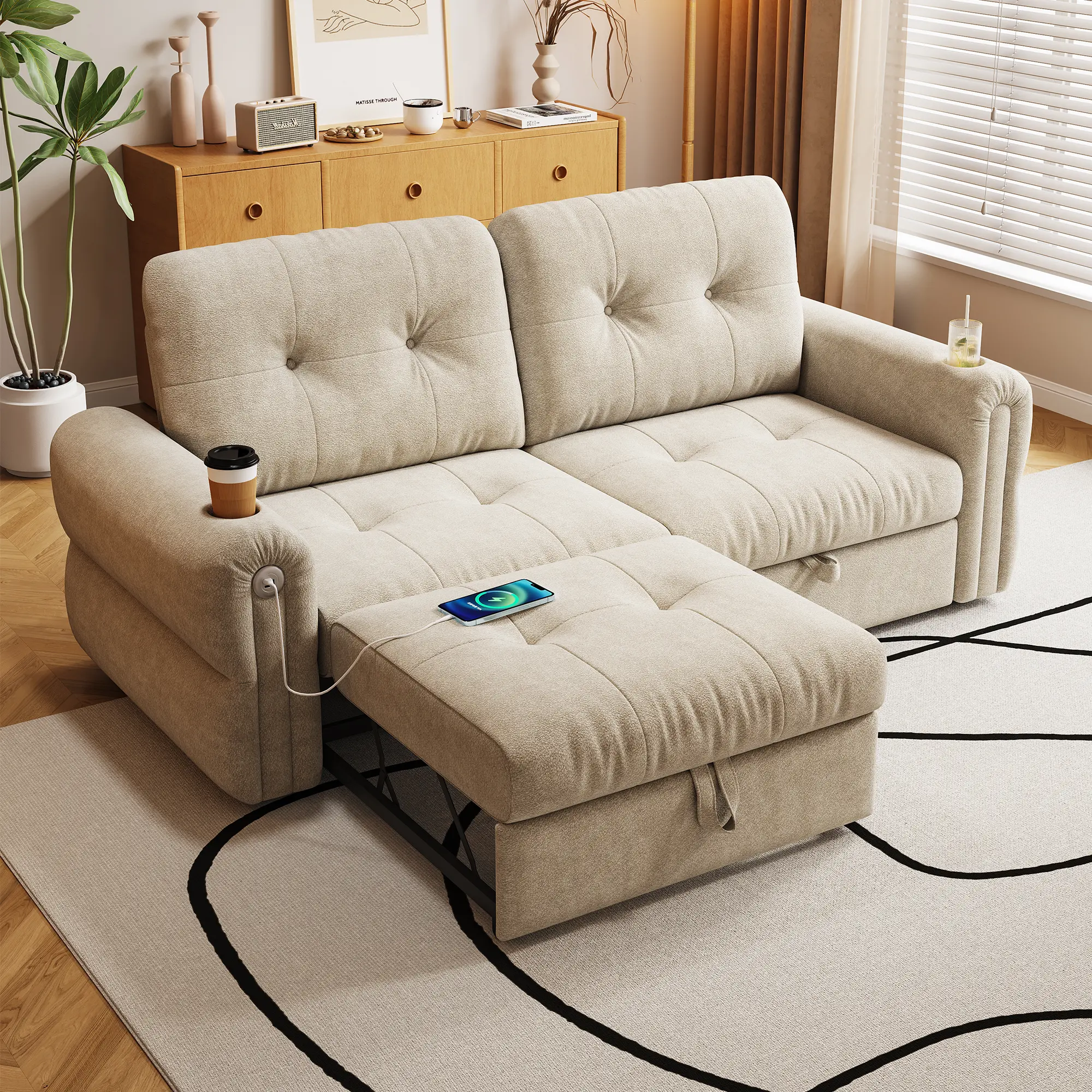 ARCH 77" Convertible Sofa Bed 2-in-1 Sleeper Sofa with Chenille Upholstery, Pull-Out Guest Bed for Living Room Bedroom Apartment, Beige Grey, Steel Frame, 600lbs Capacity, Minimalist Design, Beige+Grey Color Options, Chenille Material