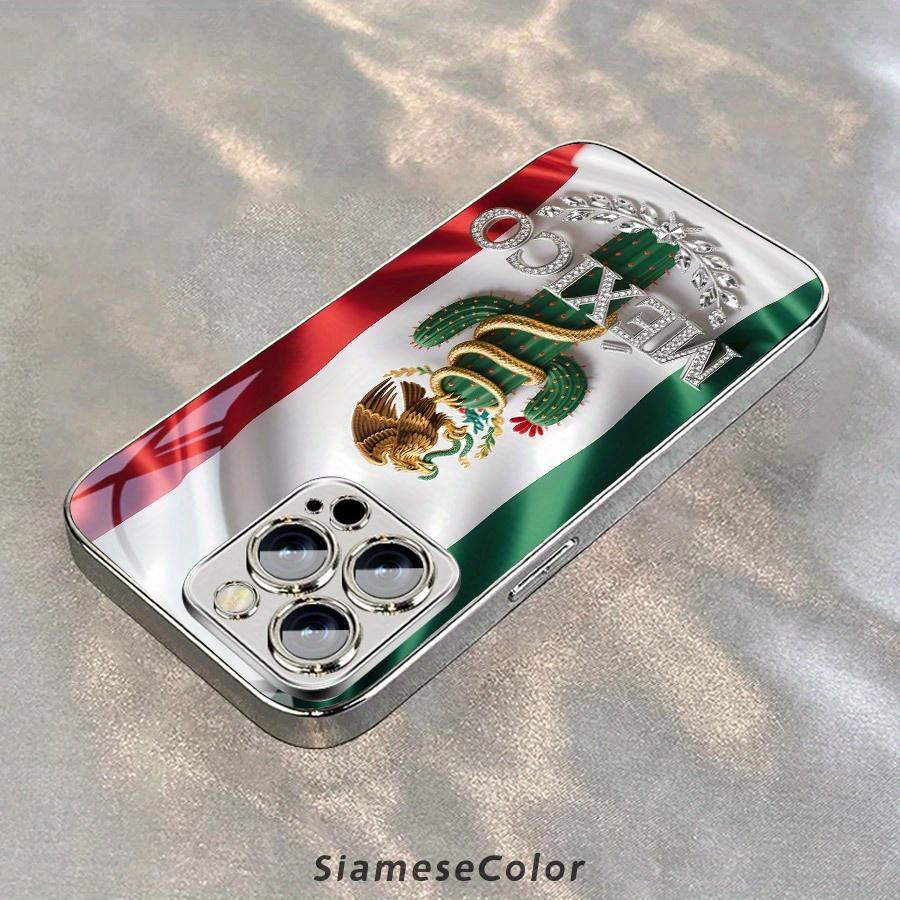 Exquisite 2D Pattern Mexican Flag Diamond Badge Glass Phone Case, Suitable for iPhone 17 16, 15, 14, 13, 12, 11 Plus Pro Max