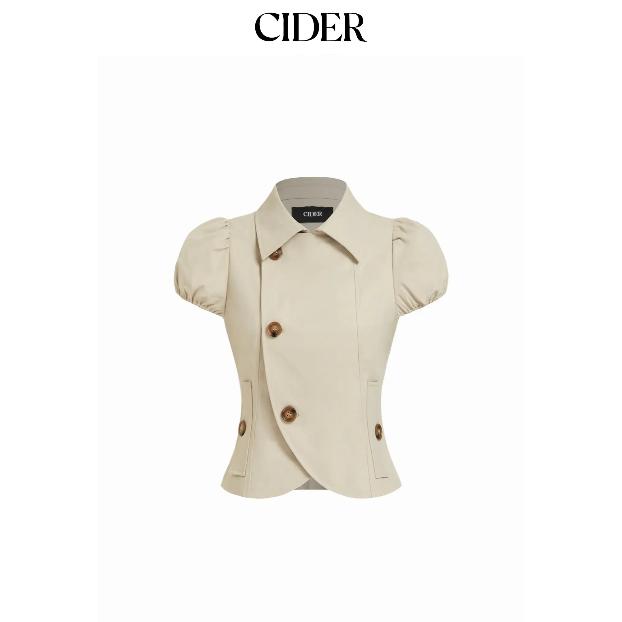 Cider Notched Collar Puff Sleeve Asymmetrical Button Blouse