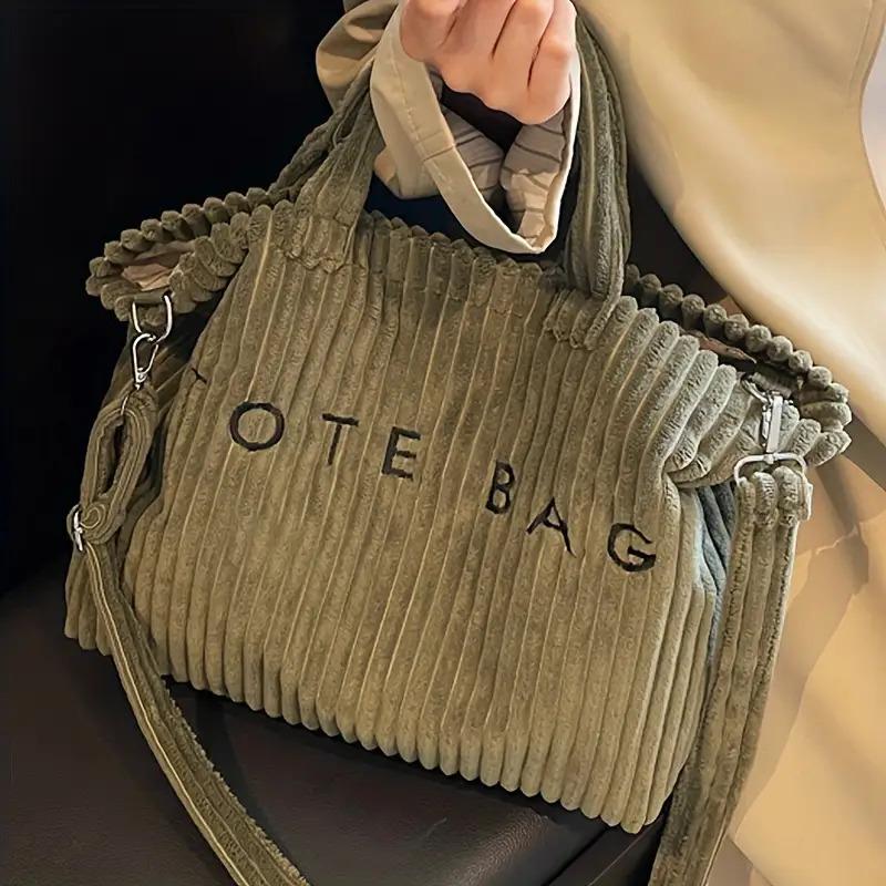 New Corduroy Women's Fashion Solid Color Soft Large Capacity Shoulder Bag with Letter Pattern Contrast Design Adjustable Strap Tote Bag Classic Square Work Bag for Work Shopping Dining as Gift