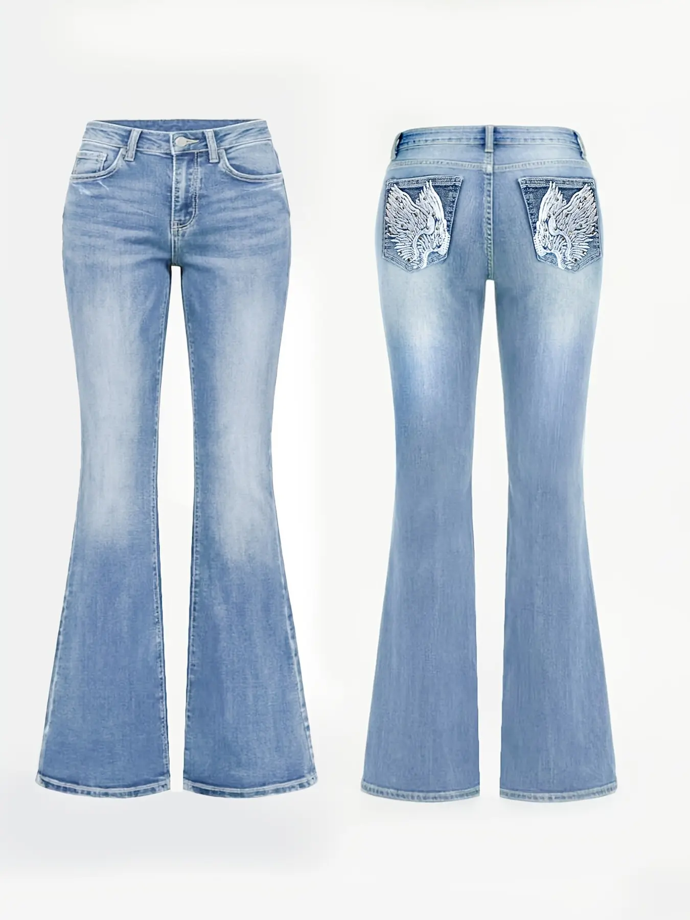 Low Rise Light Blue Flare Jeans for Women, Back Pocket Wing Rhinestone Embroidery, American Vintage Western Style, Slim Fit, All Seasons