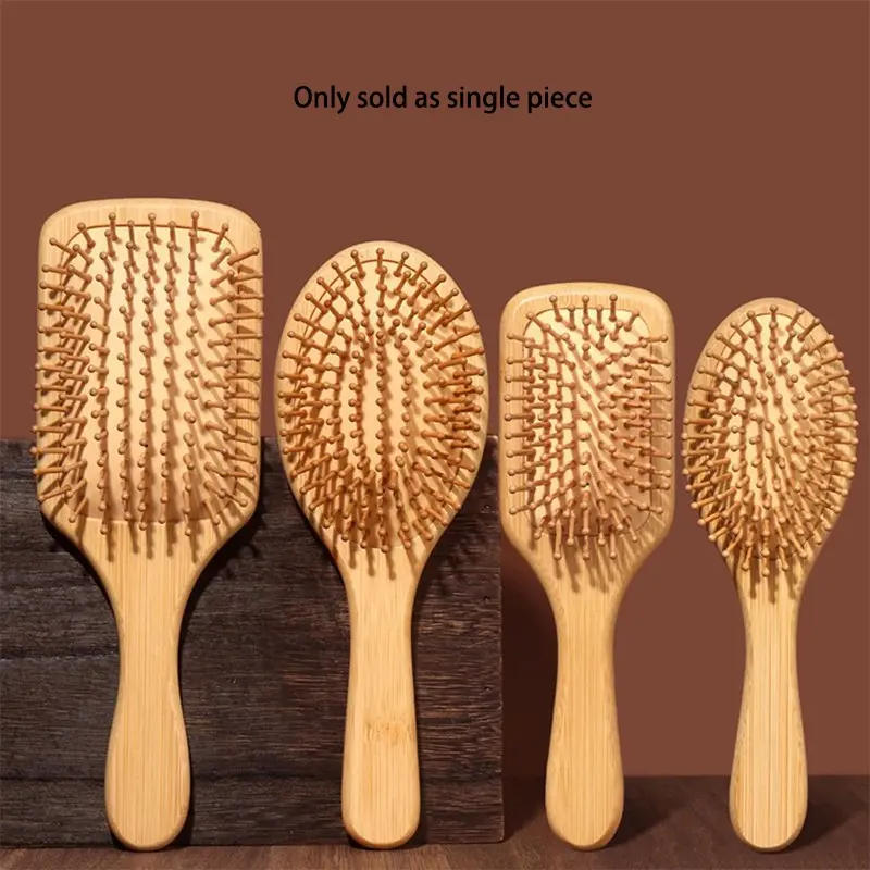 Bamboo hairbrush, Natural wooden anti-static hair brush, Round massage bristles, Hollow vent quick dry comb, Hair and scalp grooming tool, Anti-static air cushion styling brush, Fluffy hairstyle, Gentle on scalp, Universal daily hair care, Essential brush