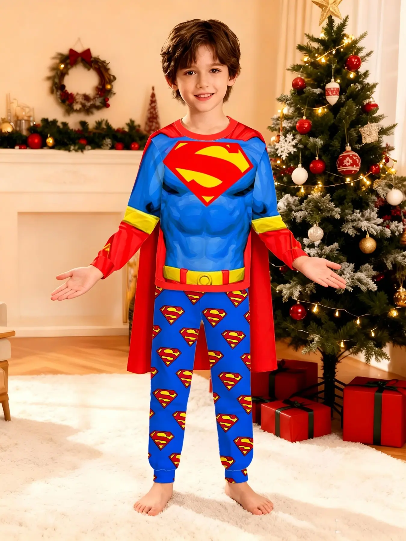 Official Warner Bros. Boys' Long Sleeve Pajama Set, Dc Superman Muscle Print, Home Sleepwear, Christmas Gift, Kids Two-Piece Pajamas