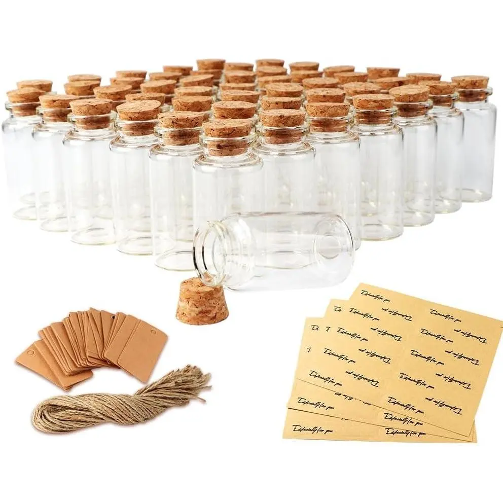 32PCS 40ml Small Glass Bottles with Cork Lids, Mini Glass Vials with Wooden Corks, Tags & Twines - Potion Message Bottles for Birthday Wedding Baby Shower DIY Crafts Gift Party FavorsGift