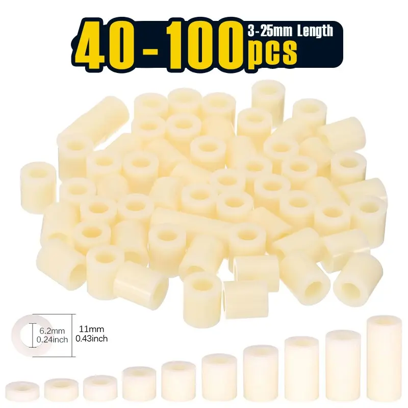 80-200 Pcs M6 Round Spacer Washer Set, White ABS Plastic Spacer Washer 6.2mm ID, 11mm OD, 3-25mm Length for M6 Screws