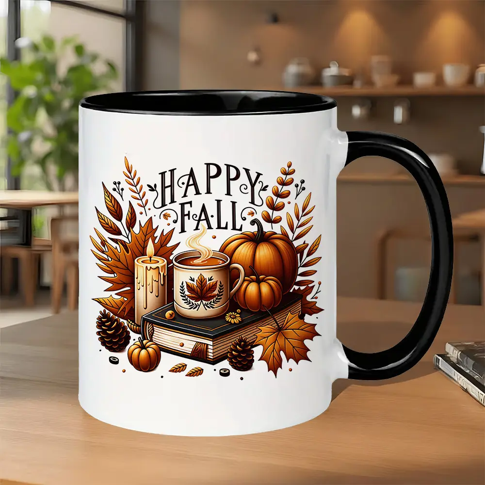 11Oz Ceramic Cozy Rustic Fall Mug - 1pc Cup with Pumpkin, Hot Coffee, Candle, Pinecone, Maple Leaf, Vintage Book Print, Modern Geometric Accents, Dishwasher-Washable Drinkware, Warm Gift for Autumn Fans, Durable