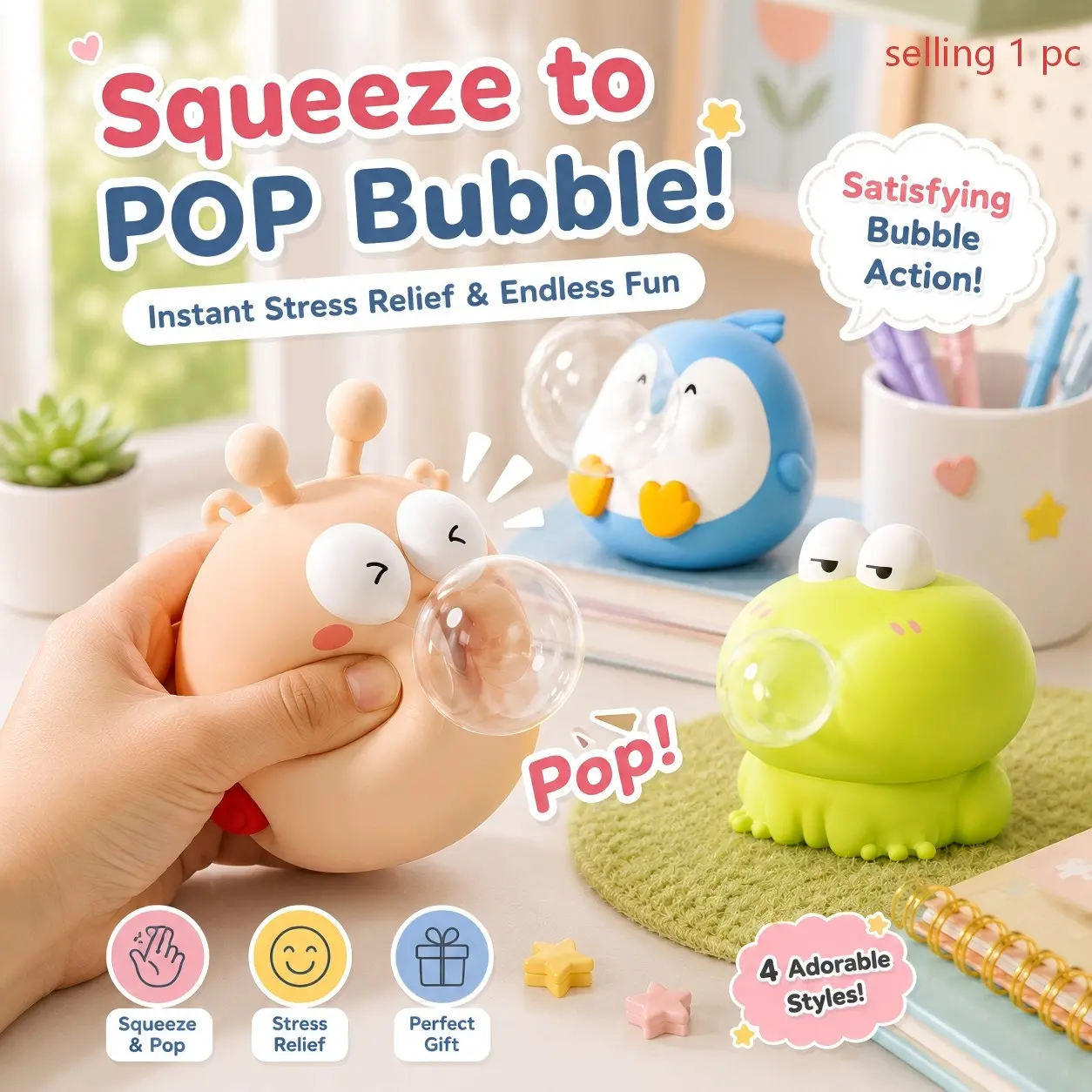 1 Pc Bubble Squeeze Stress Relief Toy, Desktop Stress Reliever, Kawaii Animal Style, Soft Squishy Pop Bubble, Desk Decor Fidget Toy, Anxiety Relief Hand Toy, Soft Anxiety Fidgets, Birthday Gift, Daily Mood Booster for Teens Adults Room Decor