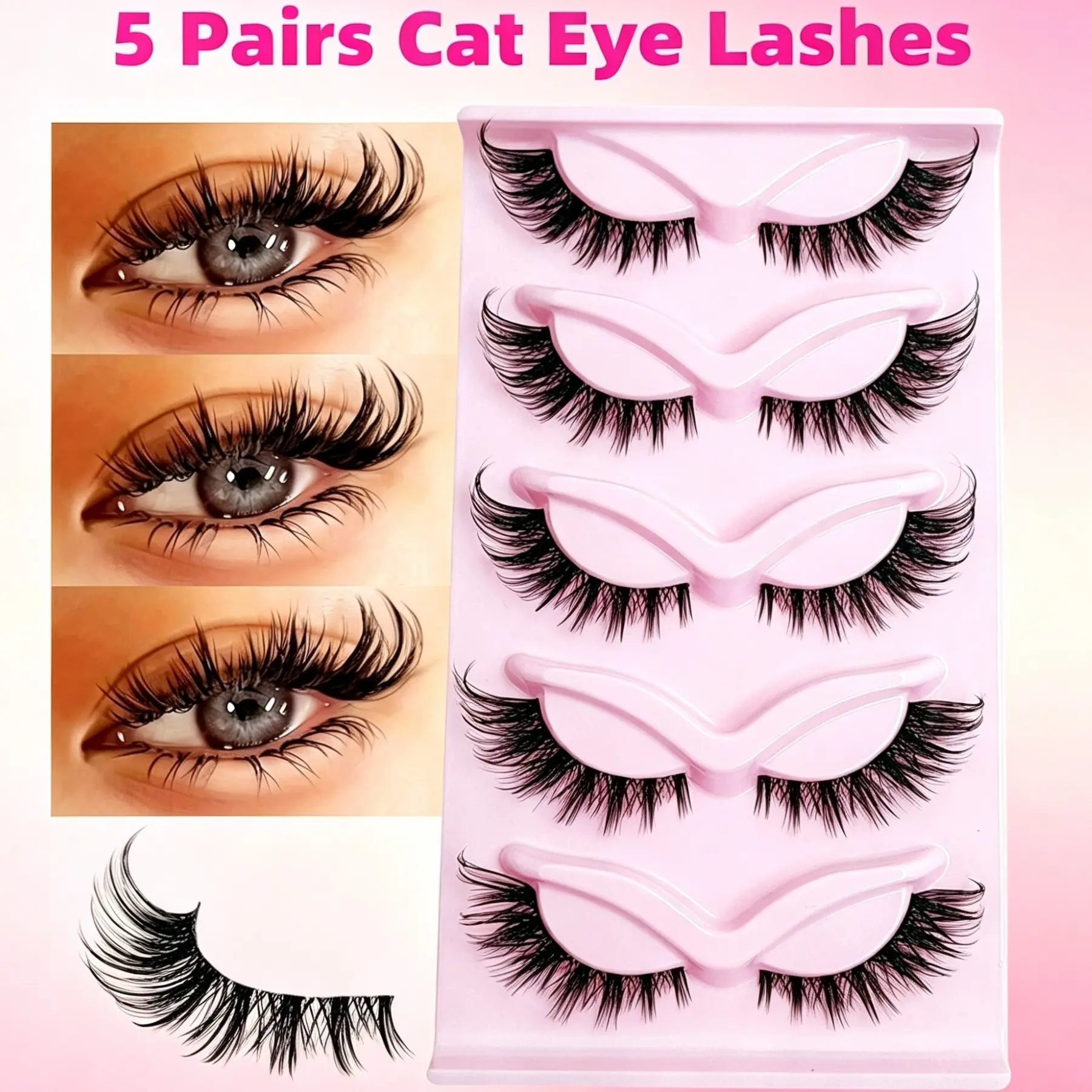 5 Pairs Fox Cat Eye Faux Mink Strip Lashes, Transparent Invisible Band Natural Fluffy Fake Eyelashes With Extra Long Tail, Cosmetic False Lashes, Lightweight Reusable Makeup Lashes For Daily Party Makeup, Clear Band Lashes