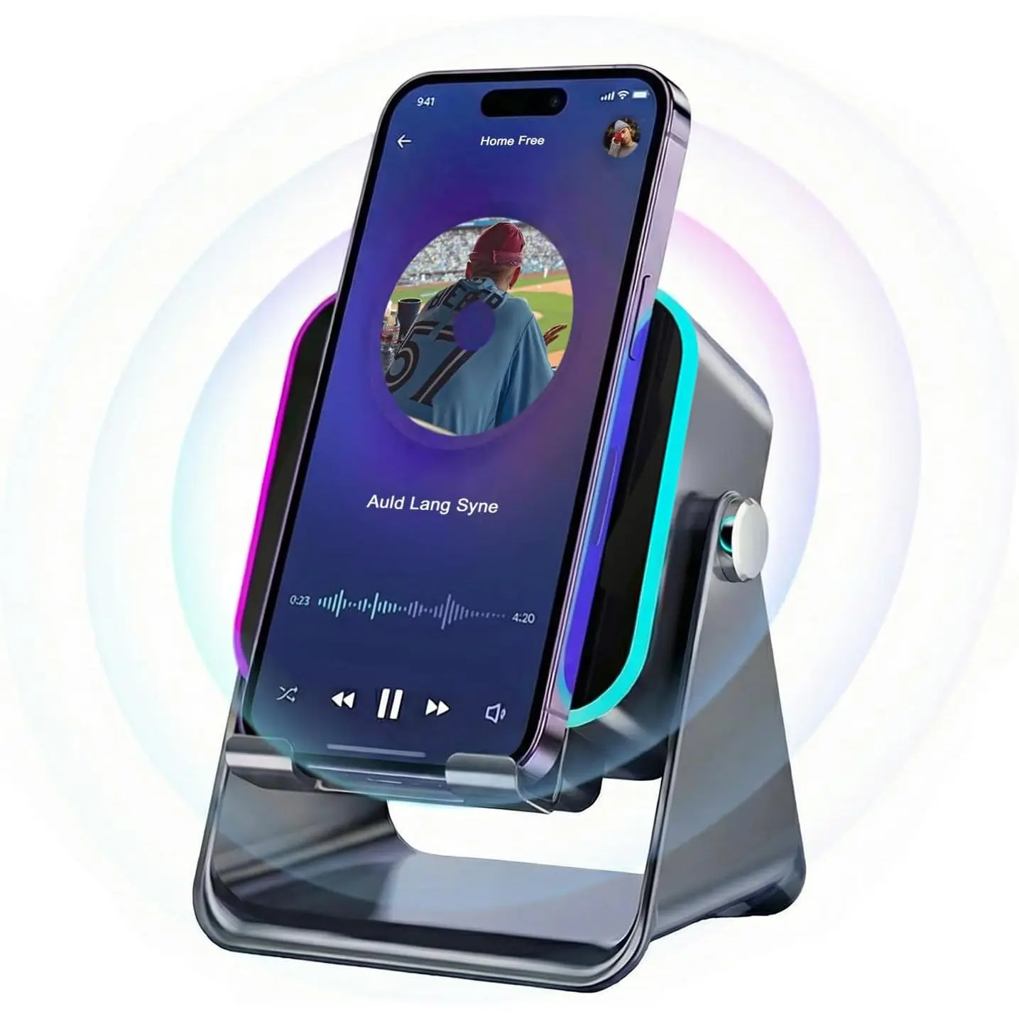 5-in-1 Portable Bluetooth 5.3 Inductive Charging Speaker with LED RGB Ambient Light, 5000mAh Battery, 360° Rotation, Stereo Hi-Fi Sound, Adjustable Synthetic Phone Holder, Black, Compatible with Mobiles/Tablets