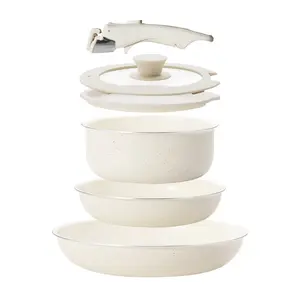 1 set of 6-PCS detachable handle rice stone cookware, flat bottomed frying pan and soup pot combination, non stick and easy to clean, portable and detachable storage, suitable for home camping, super high repurchase practical kitchenware set