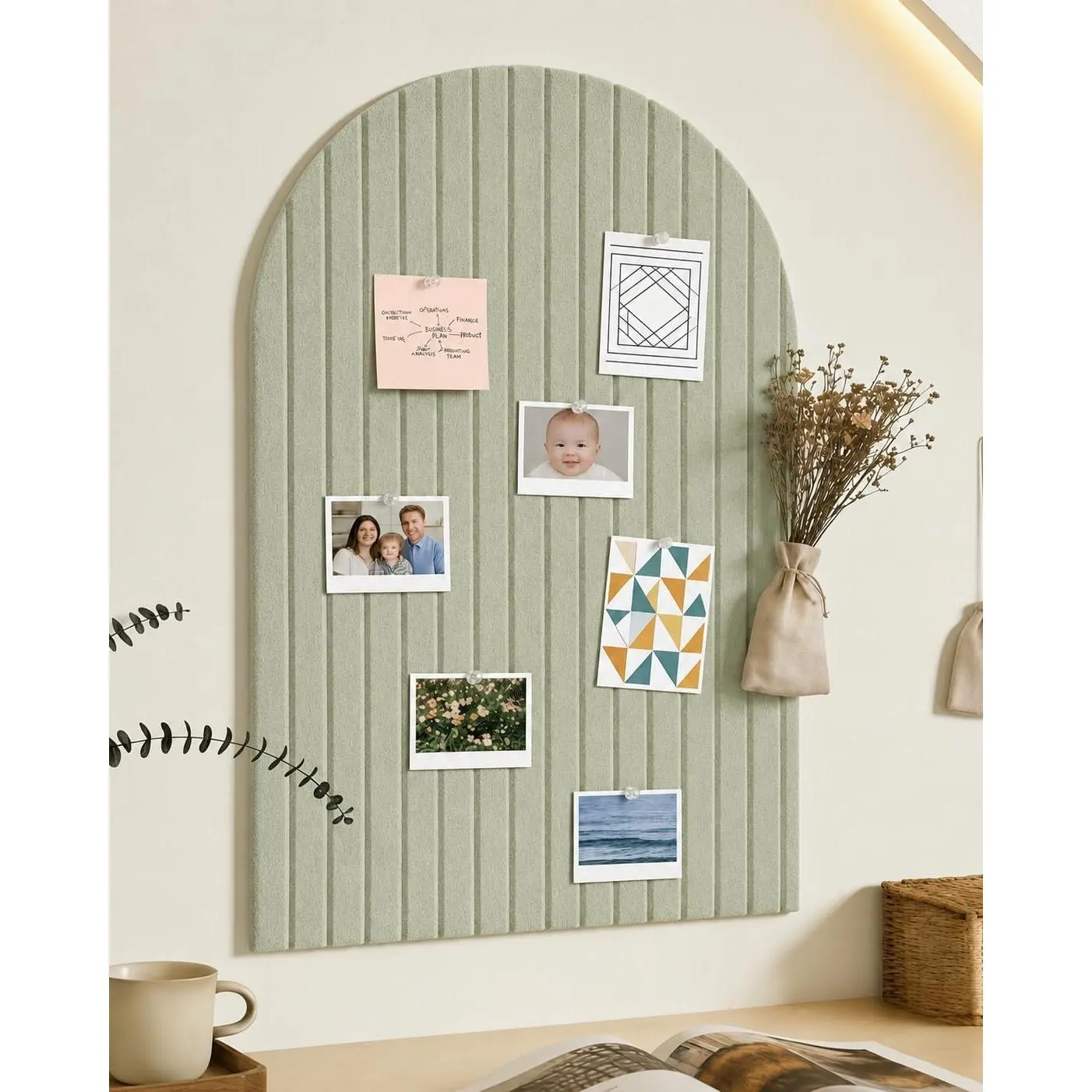36" x 24" Large Arched Felt Bulletin Board (Sage Green), 6 Customizable Adhesive Tiles with Pins Included, Ideal for Office Wall Decor & Photo Display