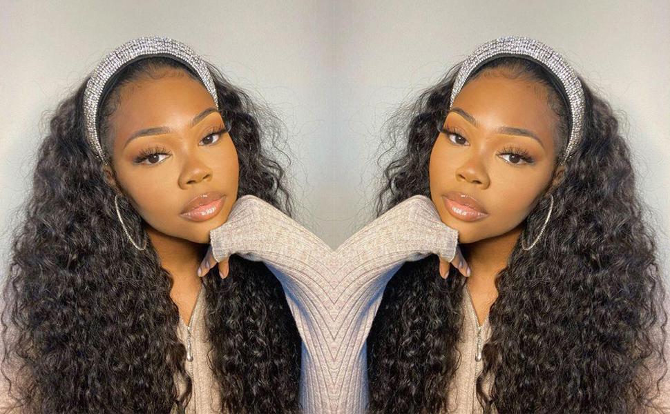 Bling Hair Headband Wig Deep Wave Human Hair For Women Glueless Short Curly Cheap Wig Fall Machine Made Non Lace Brazilian Remy Hair TikTokShopStockUp