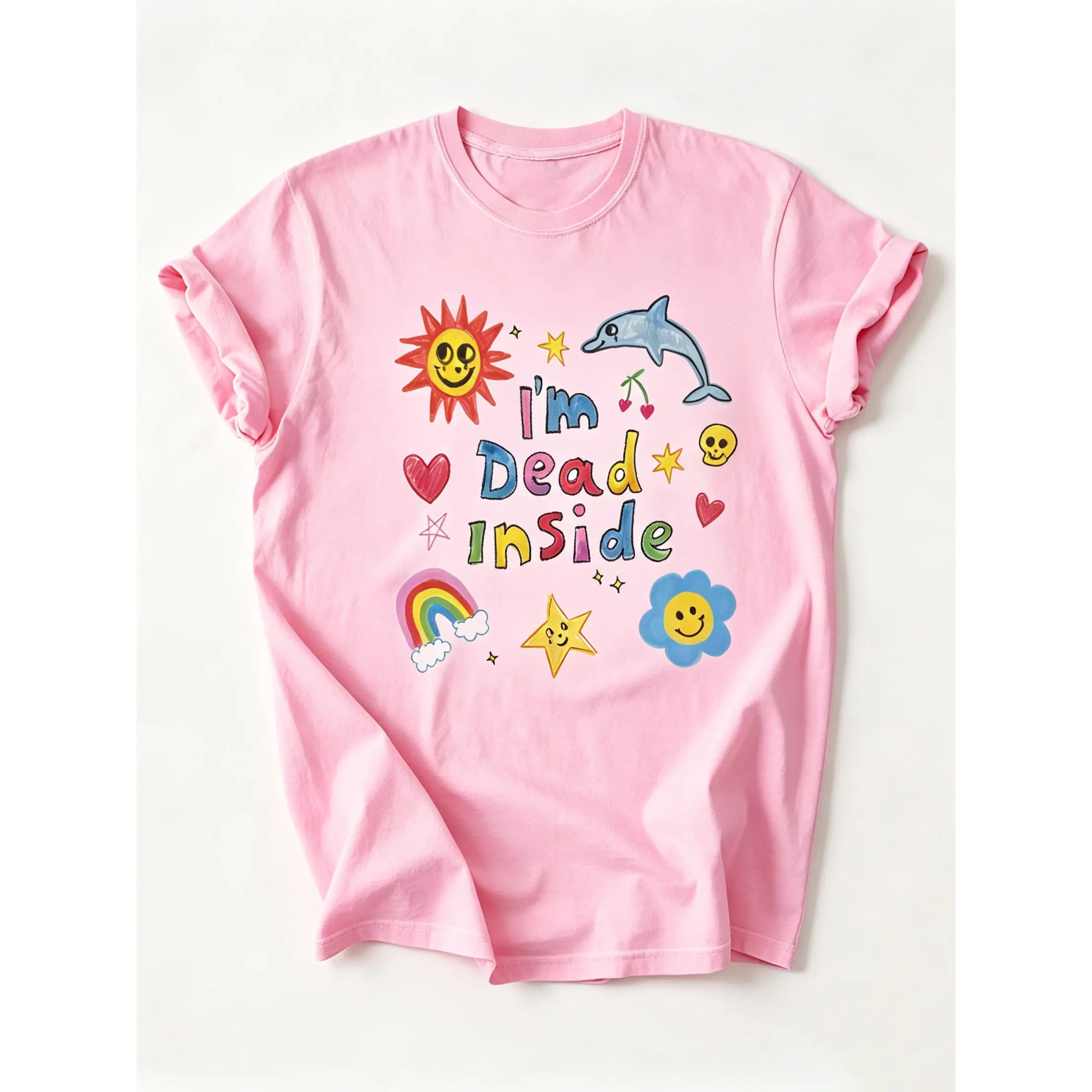 I'm Dead Inside Funny Contrast Graphic T-Shirt Women Y2K Rainbow Dolphin Sun Flower Cartoon Print Short Sleeve Sarcastic Cute Aesthetic Unisex Tee