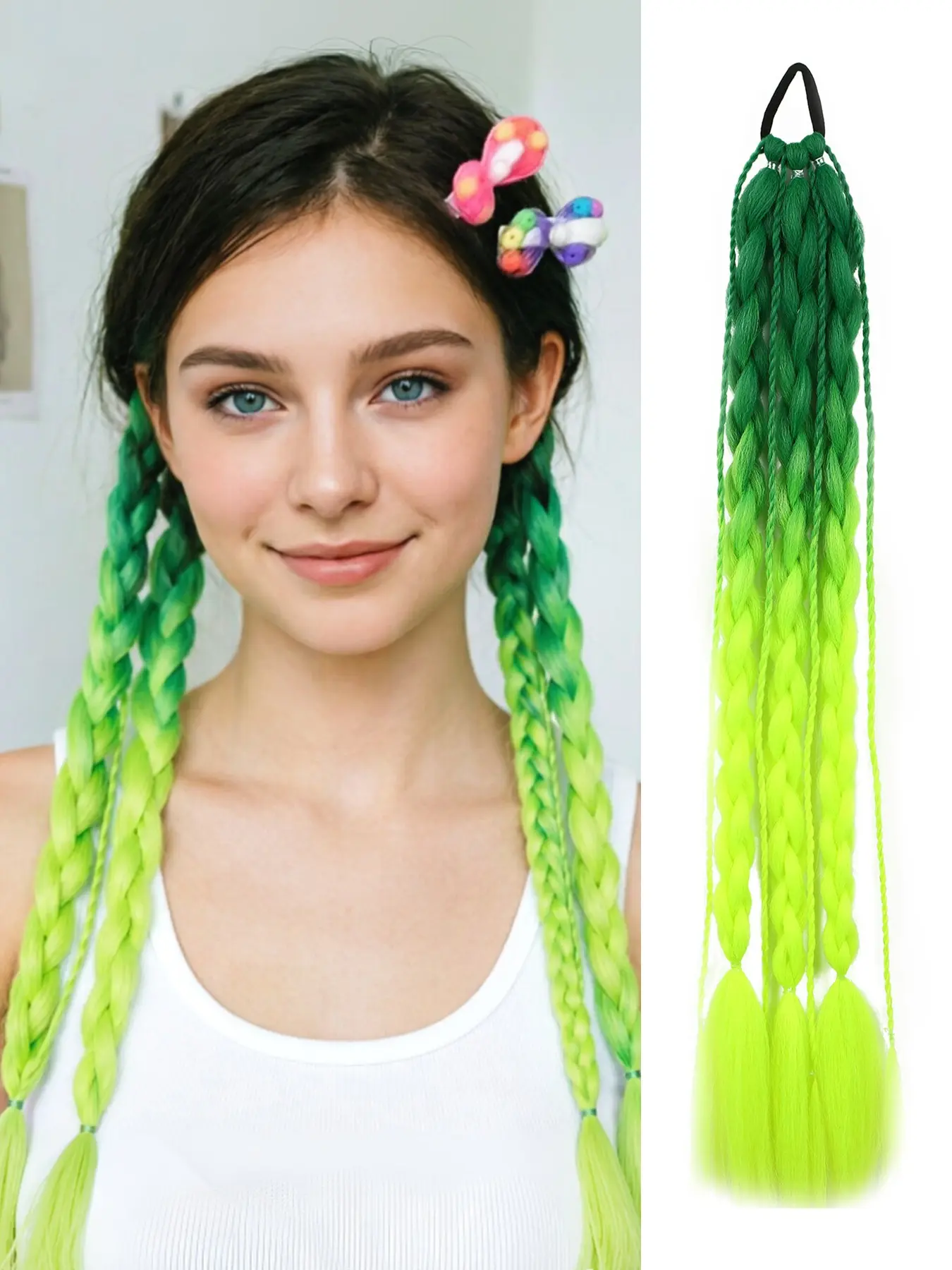 Synthetic colored hair extensions with elastic hair ties—24-inch green ombre braided ponytail extensions. A fun accessory for girls' "Crazy Hair Day," DIY festive and quirky hairstyles, and suitable for daily wear, holiday celebrations, cosplay, and party