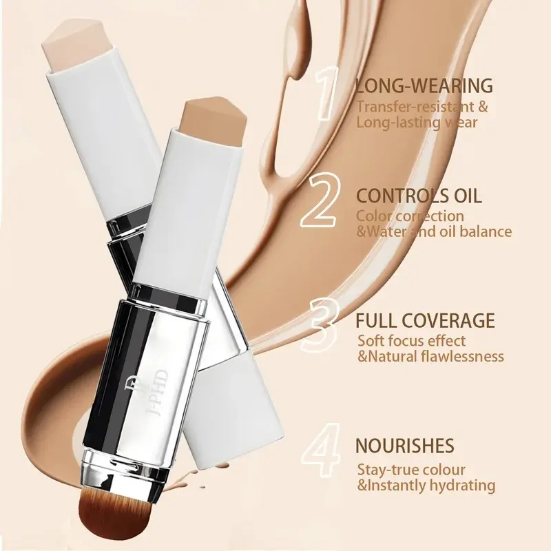 2-in-1 Brush Head Foundation Stick, Lightweight, Smooth, Long-Lasting Coverage for Flawless Makeup Finish
