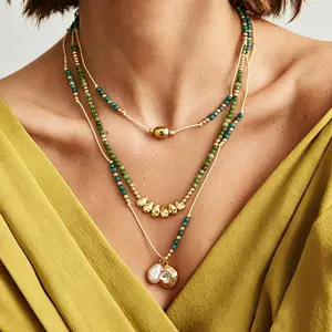 Back to school supplies Viral Gold Tone Layered Bead Necklace Faux Pearl Coin Pendant Sage Green Teal Boho Baddie Aesthetic Main Character Energy Jewelry for Back to School