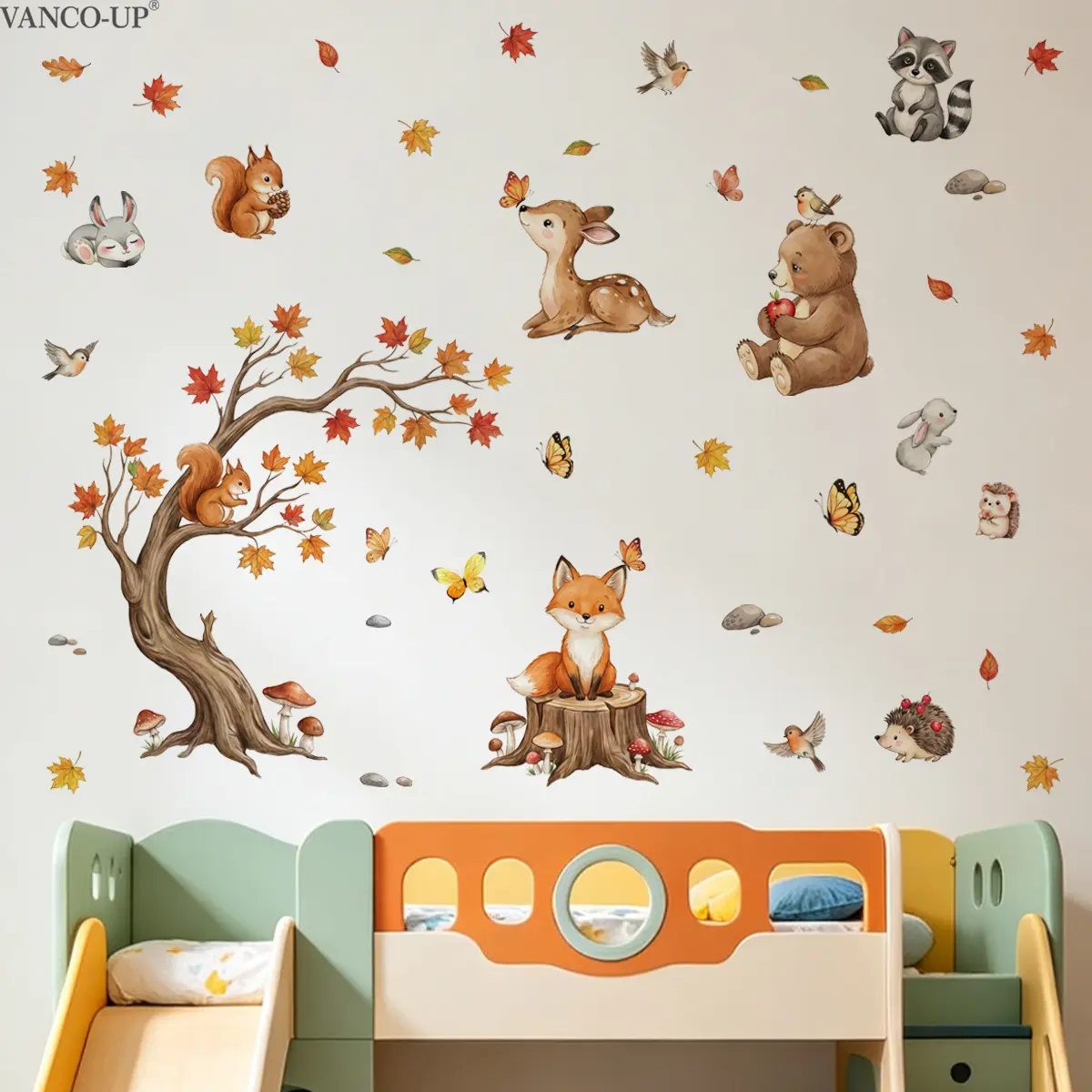 2Pcs Set (3090cm2pcs) Autumn Harvest Forest Animal Self-Adhesive Wall Stickers, Fun Fox Deer Squirrel Decals for Kids Room