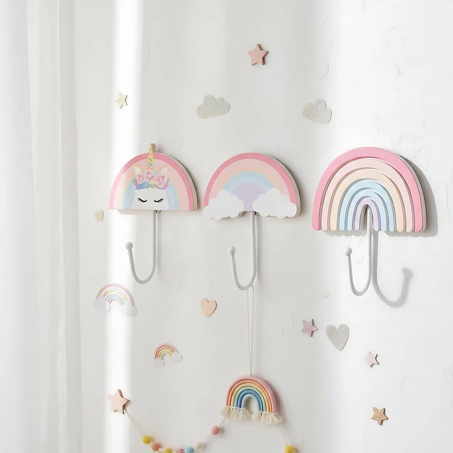 3 Pcs Rainbow Wall Hooks Unicorn Coat Rack for Girl Room | Rainbow Wall Hangers Unicorn Decor for Girls Room Pink Nursery Coat Rack Rainbow Art Holder for Bedroom Home Decoration