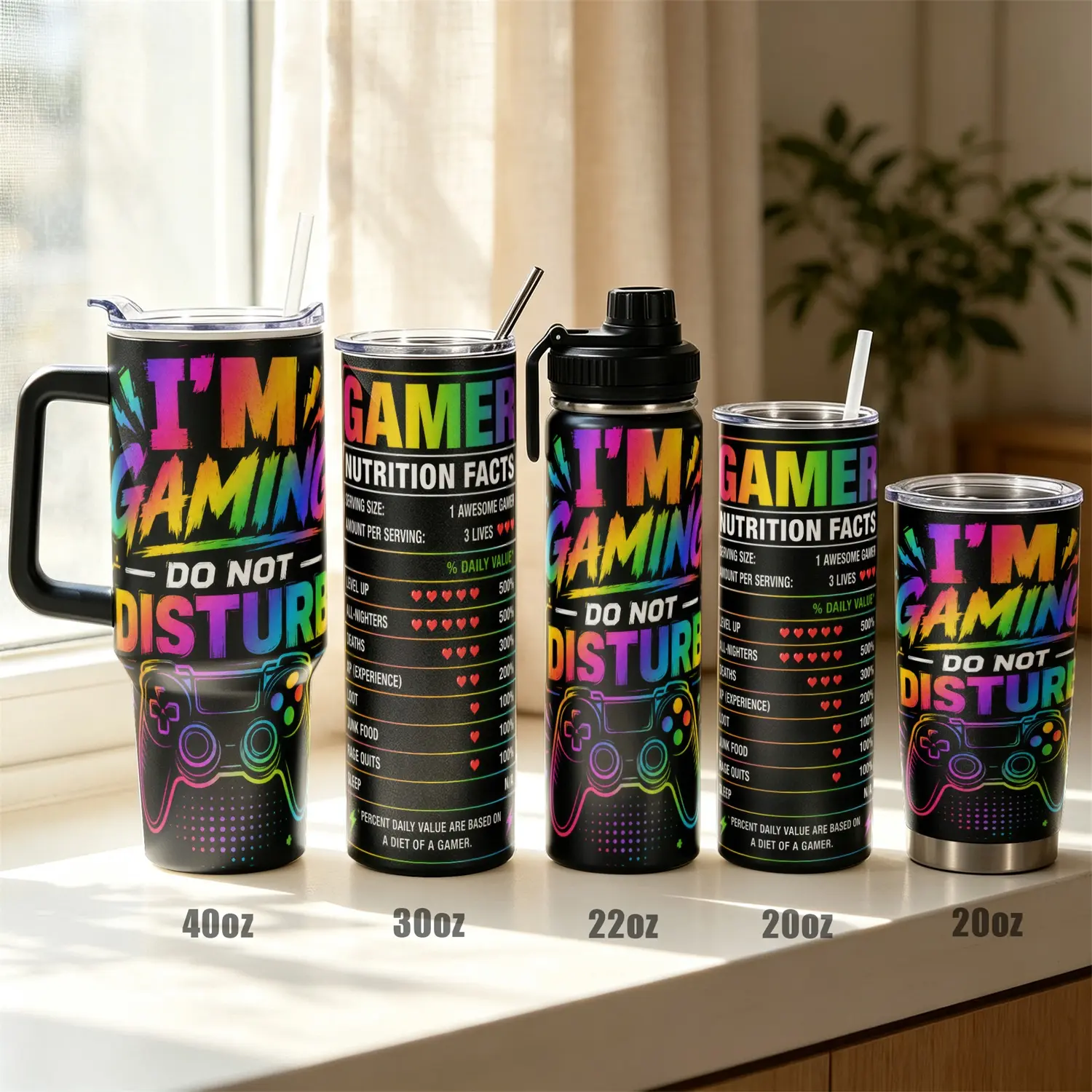 1pc, 40oz/30oz/22oz/20oz Vacuum Insulated Stainless Steel Tumbler with Leak Proof Lid 12H Cold 8H Hot Gamer Pattern Travel Mug Sport Water Cup for Gaming Lovers Birthday Christmas Back to School Gifts for Friends Family Suitable f