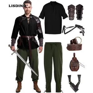 8 Pcs Men's Renaissance Costume Halloween Medieval Pirate Shirt Pant Viking Costume Accessories Set