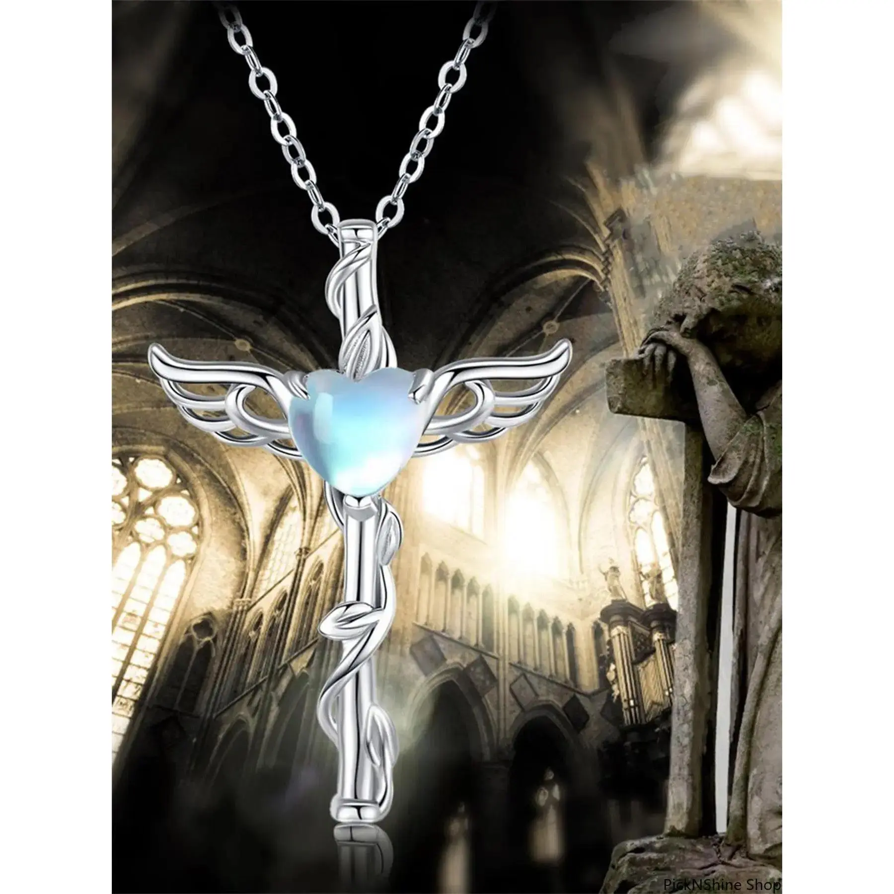 Dainty Angel Wing Cross Necklace for Women, Silver-Tone Link Chain with a Synthetic Moonstone Heart, Elegant Spiritual Vine Design Jewelry, Chain & Link, Dainty Elegant Spiritual Chain