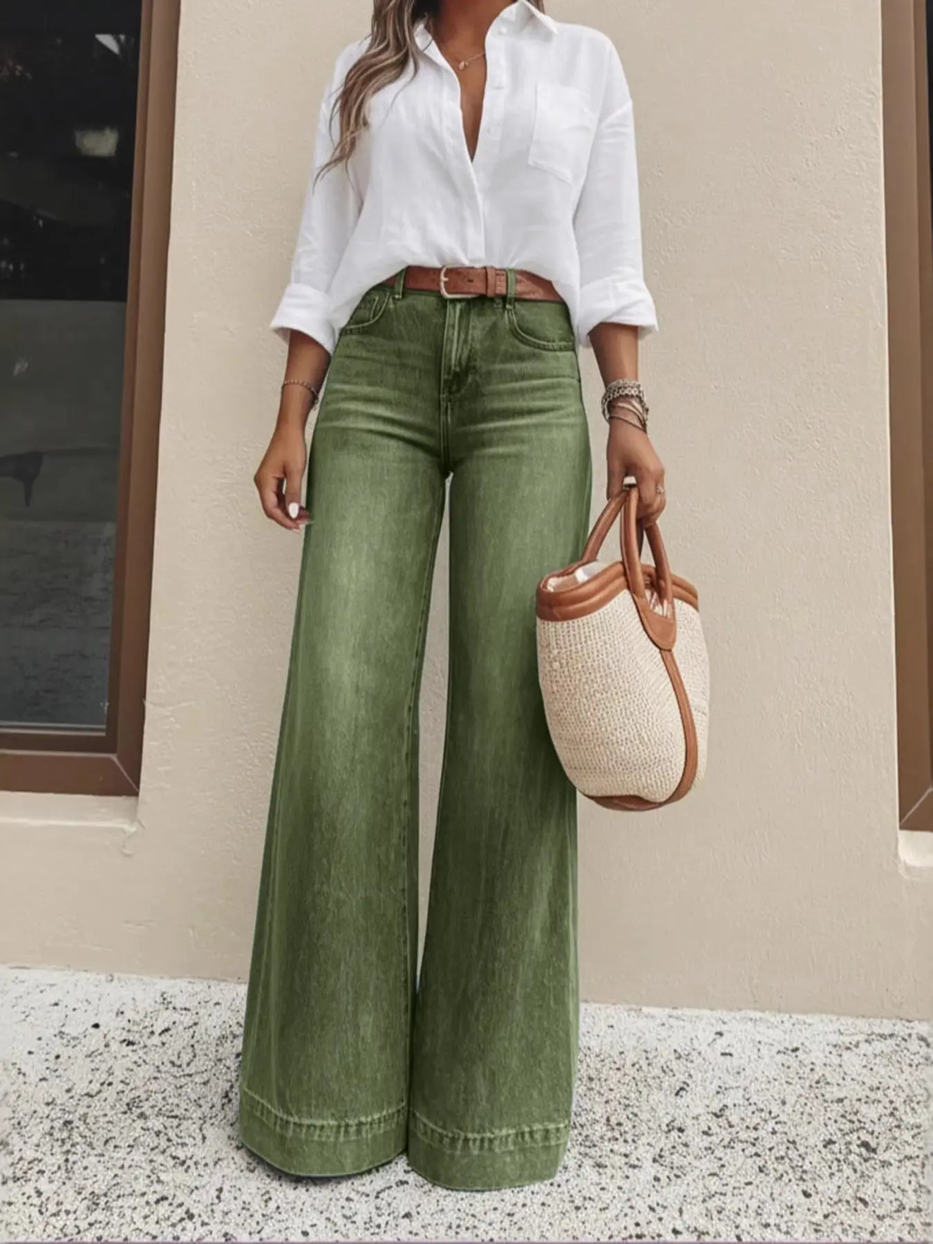 Women's Elastic Wide Leg Trouser Jeans, Casual Slim-Fitting Denim Jeans, Solid Plain Surface, All Season Wear, Unlined, Lightweight Design, Pants, Bottoms