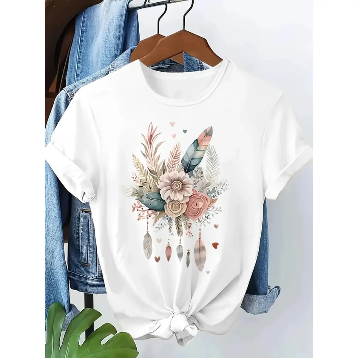Women's 90s Comfortable Customized Round Neck Short-Sleeve T-Shirt - Love Heart Feather Graphic, Casual Anniversary Tops for Spring Summer