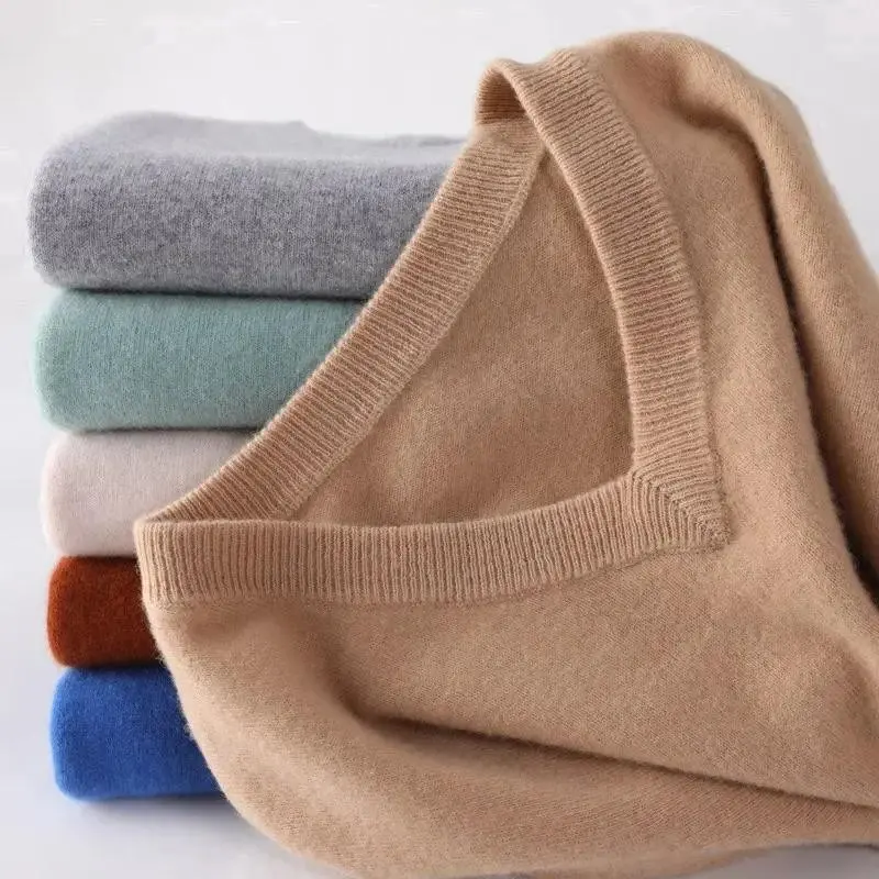 Men's Soft Cashmere Sweater Autumn Winter Pullover Business Casual V-Neck Knitted Wool Slim Fit