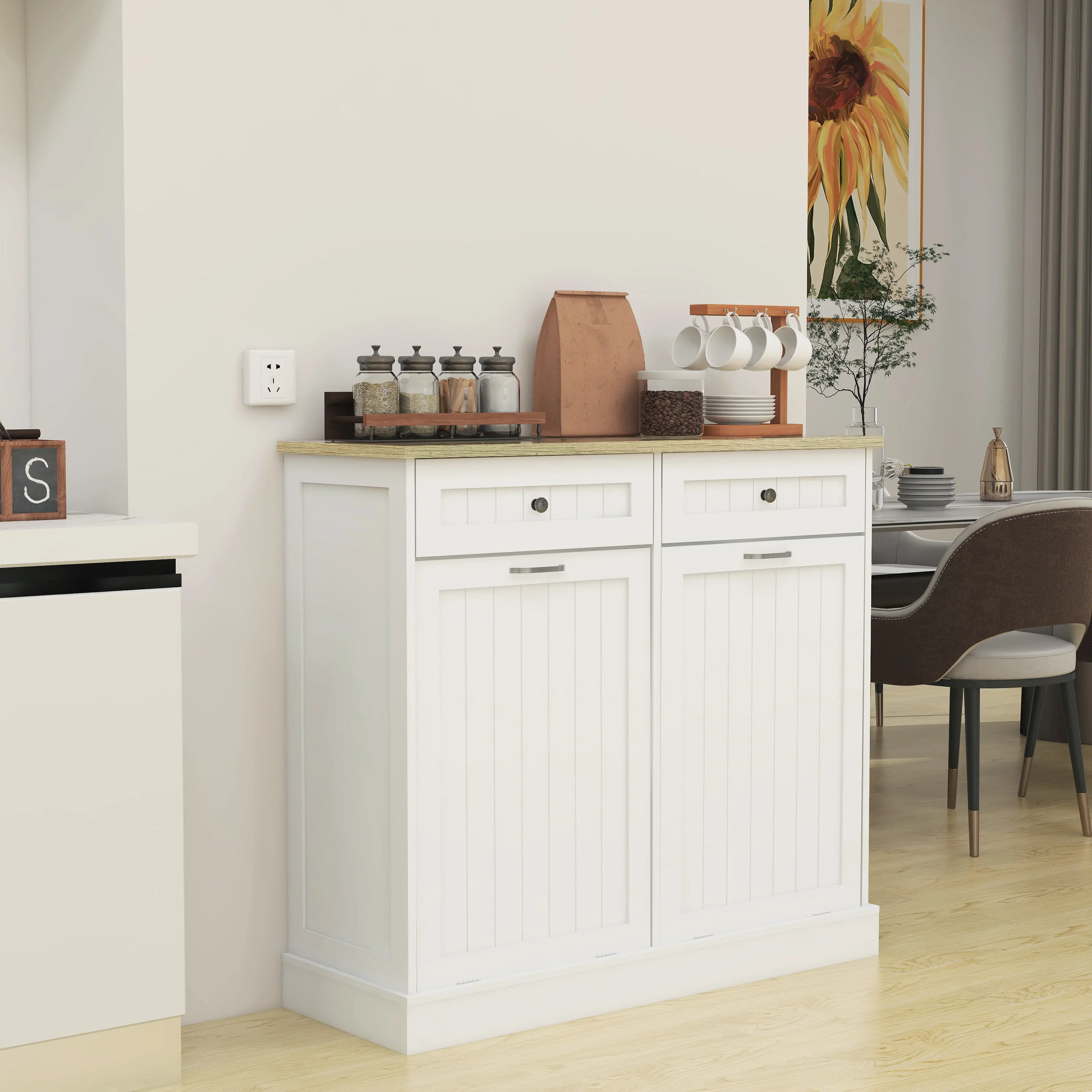 Nokaa Two Drawers and Two-Compartment Tilt-Out Trash Cabinet for Kitchen Waste Storage, White MDF, Under Sink or Counter, Multiple Options Available