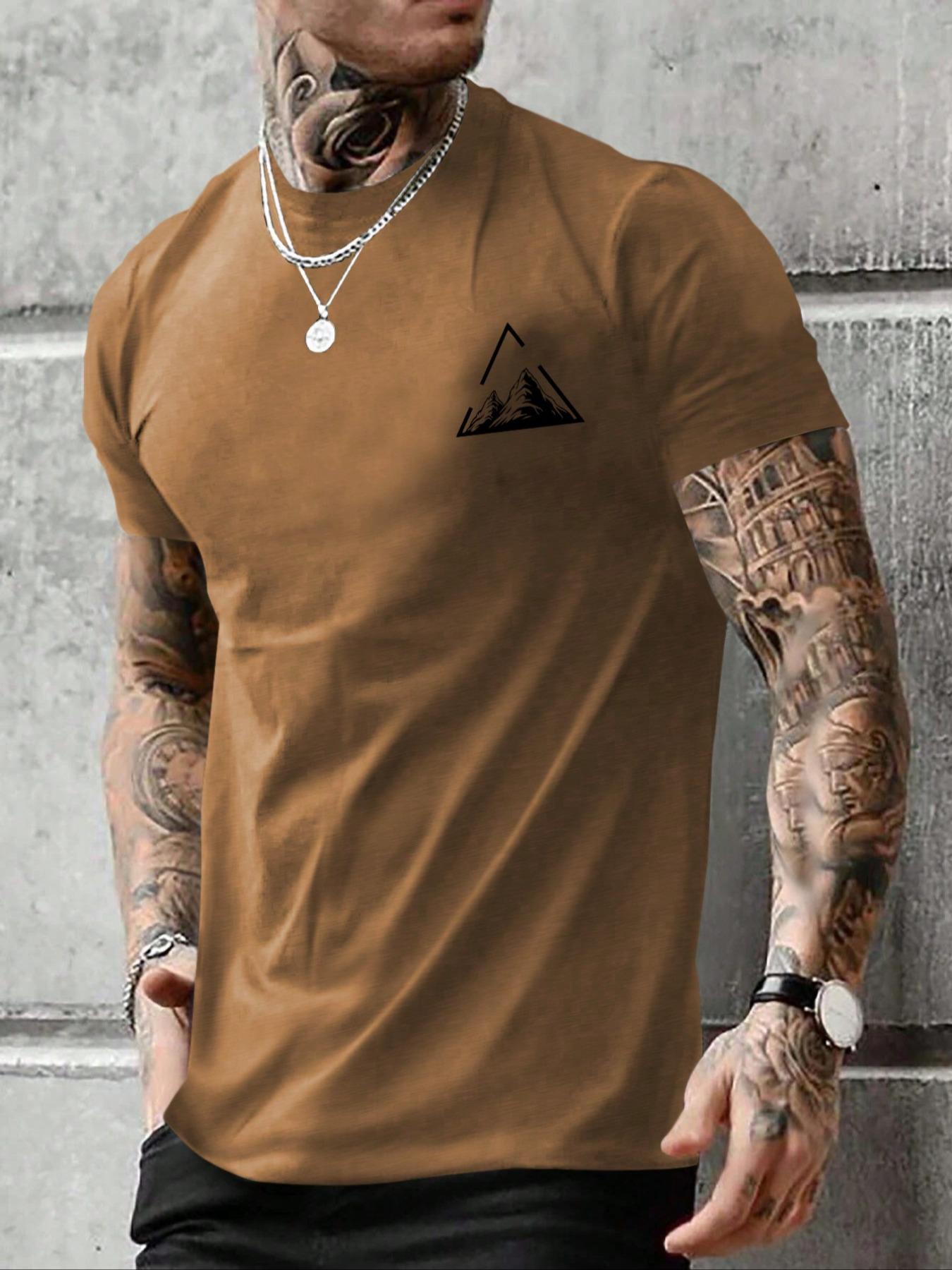 Men's Mountain Print Round Neck Tee, Casual Short Sleeve Crew Neck T-shirt for Summer, Men's Top for Daily Wear, Athletic Shirt, Athletic Sports Clothing, Athletic Apparel, Sporty T Shirt, Athletic Fashion Activewear, Athletic T Shirts