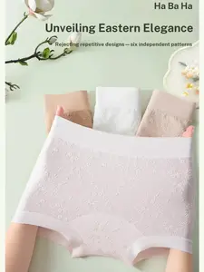 Women's Floral High-Waisted Loose-Fitting Nylon Briefs, Large Size, All-Season Comfortable Underwear, Elegant Embroidered Design