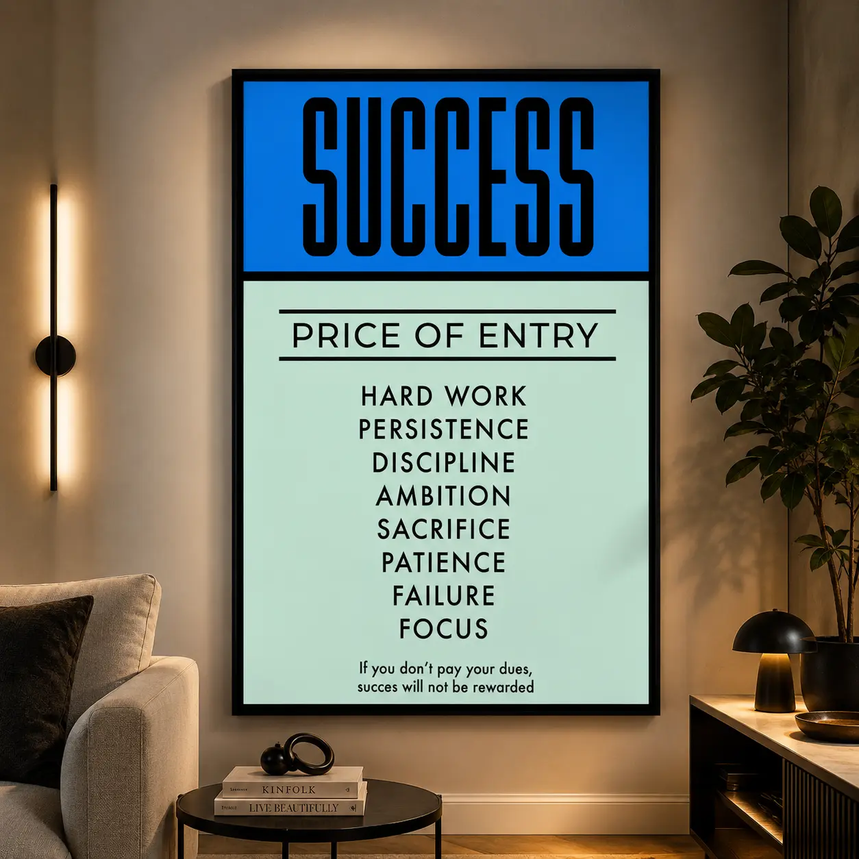 Success Price Of Entry Canvas Poster,Discipline Sacrifice Mindset Wall Art, Blue Green Bold Typography Print, Home Office Bachelor Pad Decor Gift For Self Made Men