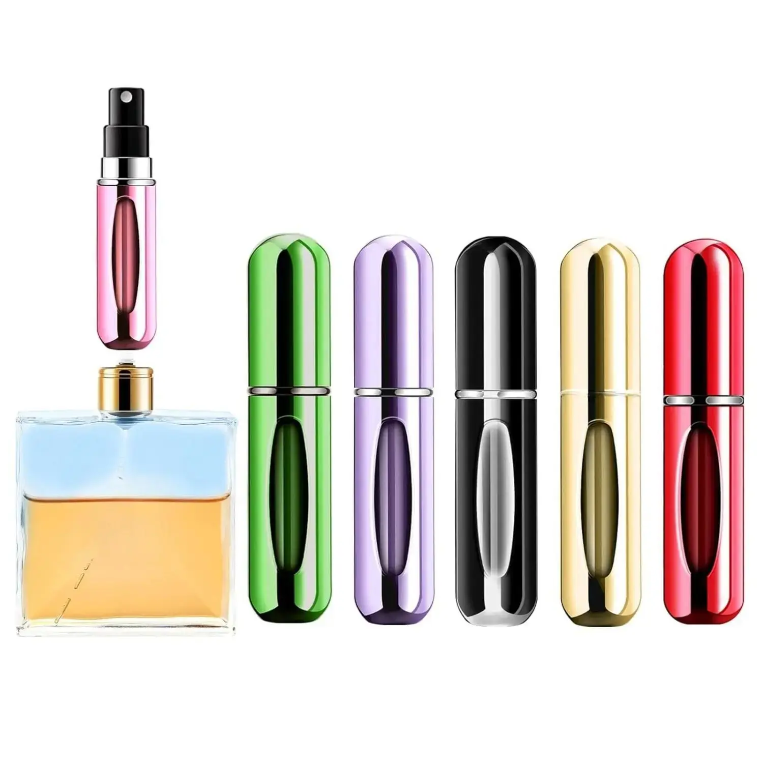 Portable Mini Refillable Perfume Atomizer Bottle Refillable Spray, Atomizer Perfume Bottle, Scent Pump Case, Perfume Atomizer Refillable Travel (5ml, 5 Pack) (Purple, Gold, Green,Red, Black)