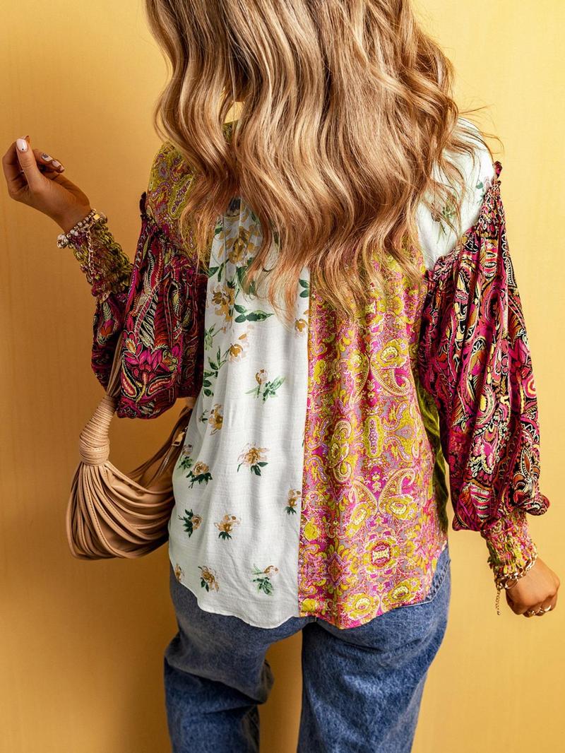 Women's Floral Print Frill Trim Shirred Notched Blouse, Boho Romantic Sleeve, Boho Bishop Sleeve Button Front Top for Spring & Fall, Women's Clothing for Daily Wear