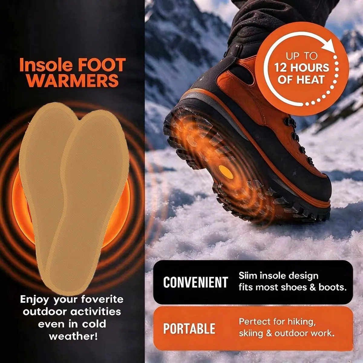 Winter Self-Heating Insoles, Full Foot Warmth, 45 Degrees Comfort, 12 Hours Heat Retention, Anti-Cold Shoe Pads for Outdoor Activities